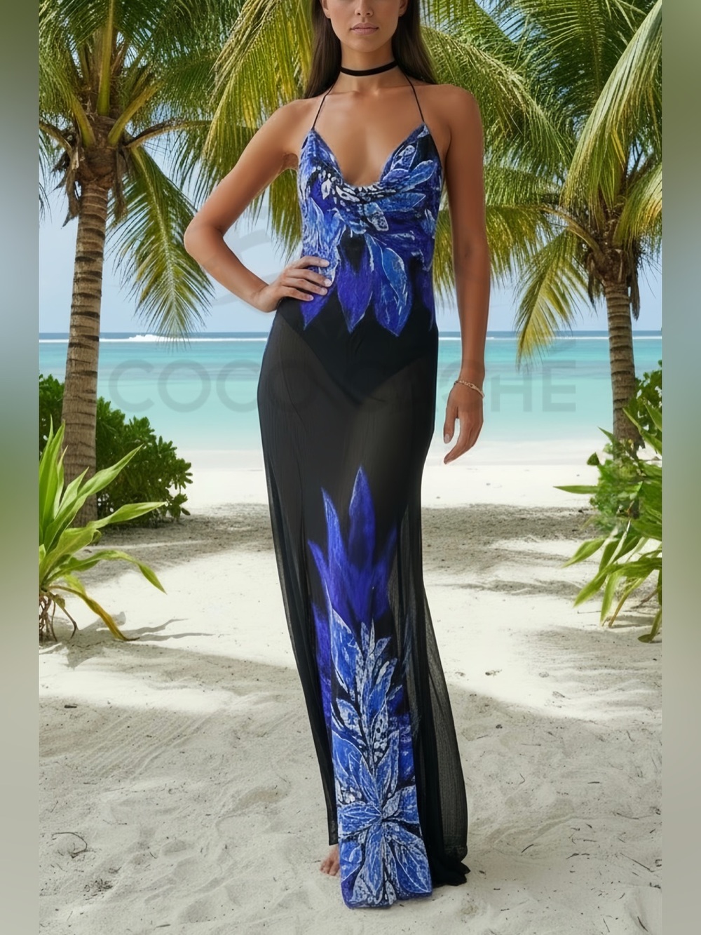 Elegant Blue and Black Plunging Open Back Cocktail Party Maxi Dress